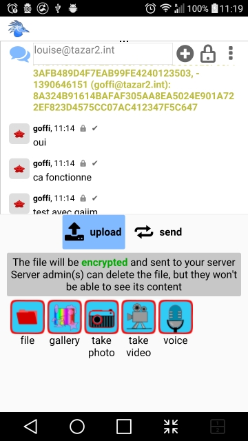 Screenshot of Libervia mobile 0.8 chat with upload panel
